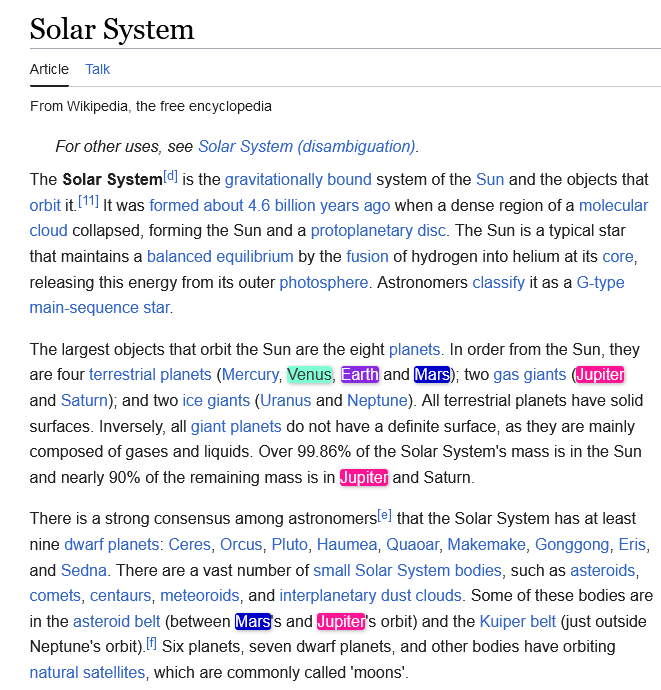 Example of highlighted words in the web page